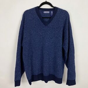 Structure V-Neck 100%‎ Lambswool Marled Knit Sweater Mens Large Blue Navy